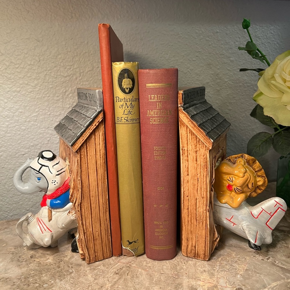 VTG  Ceramic Jungle Flying School Duncan Enterprises Bookends 1981 Lion Elephant